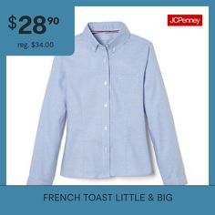 This oxford shirt from French Toast is the perfect style to keep your little or big girl sharply tailored for school thanks to its wrinkle-free properties with front and back darts for the perfect fit. It's made from a soft cotton-blend with a sharp point collar, long sleeves with button cuffs, a chest patch pocket, and button-down closures.Closure Type: ButtonFit: Regular FitNeckline: Collar NeckSleeve Length: Long SleeveSleeve Style: Fitted SleeveFiber Content: 70% Cotton, 30% PolyesterFabric… Preppy Button-up School Shirt, Perfect Style, Big Girl, Button Front Shirt, Oxford Shirt, Girls Long Sleeve, Wrinkle Free, Patch Pocket, French Toast