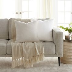 a couch with two white pillows on top of it next to a potted plant