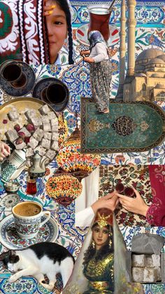 Pictures of Turkish culture that include a mosque, cat, ottoman woman, Turkish tea, turkish coffee, turkish delight, a person pouring tea Turkish Theme, Turkish Interior Design, Turkish Interior, Turkey Culture, Asia Aesthetic, Tropical Aesthetic, College Walls