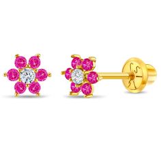 A glimmering cluster of gems makes up this sparkly flower creation! These are classic CZ flower earrings for little girls with bright cubic zirconia stones on the petals and center. Crafted entirely of 14k yellow gold, these kids earrings look elegant and suitable for children with sensitive ears. These gold toddler earrings are excellent for any special occasion or for everyday wear. They feature a secure safety screw back with threaded earring post to ensure these girl's 14k earrings always stay safely and comfortably in place. A complimentary gift box is included to help make gift giving even more special! Age Group: Adorable for Infants & Toddlers or Young Girls (Ages 6 months to 6 years); Safe for Sensitive Skin Material: 14k Yellow Gold Earring Size: 6mm flower, cubic zirconia; 7mm T Toddler Earrings, Flower Cluster, Floral Studs, Thread Earrings, Earring Post, Kids Earrings, Tiny Flowers, Yellow Gold Earring, Cluster Earrings