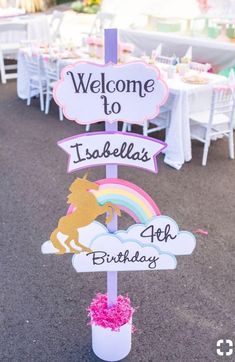 a sign that says welcome to idaho's 4th birthday and has a unicorn on it