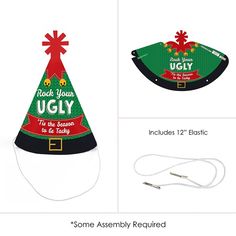 some assembly required for the ugly christmas party hat, which is also available in red and green