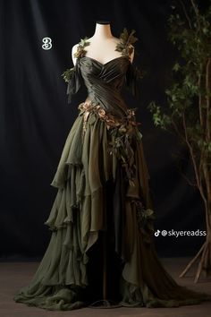 Forest Themed Dress, Fae Ball Dress, Sage Green Fairy Dress, Forest Dress Aesthetic, Medevial Dresses, Green Whimsical Dress, Medieval Green Dress, Mystical Dresses Fairytale, Dragon Wedding Dress