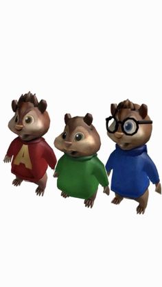 three little chipmuns are standing in the same direction with glasses on their faces