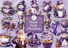 a large collection of purple christmas items