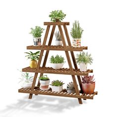 a wooden shelf filled with potted plants