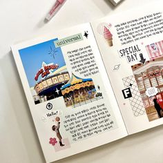 an open book with pictures and words on the pages that include buildings, shops, and people