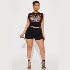 Nwt Fashion Nova Rock N Roll Short Set. Size Extra Large. Black. Sleeveless Crop Top With Side Lace Details. Biker Shorts With Side Lace Details. Silver Hardware. 95% Cotton 5% Spandex Approximate Measurements Shorts Waist 28” Outseam 15” Rise 10” Inseam 5” Top Pit To Pit 16.5” Length 18” Trendy Black Biker Shorts For Night Out, Chic Black Short Top, Black Summer Club Shorts, Punk Style Shorts For Summer Night Out, Casual Biker Shorts For Night Out In Spring, Black Biker Shorts For Spring Streetwear, Summer Punk Tank Top For Night Out, Edgy Black Biker Shorts, Punk Style Shorts For Club In Summer