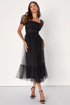 Black Tulle Dress - Puff Sleeve Midi Dress - Black Midi Dress - Lulus Poofy Sleeves Dress, Edgy Coquette, Ash Aesthetic, Black Wedding Guest, Black Wedding Guest Dresses, Black Tulle Dress, Ruffled Midi Dress, Gathered Bodice, Fancy Gowns