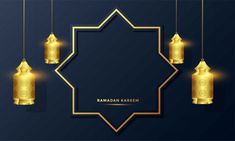 ramadan kareem with golden lanterns hanging from strings on a dark blue background