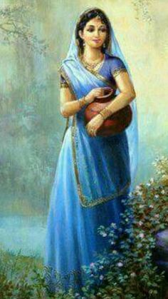 a painting of a woman in blue dress holding a guitar and standing next to flowers