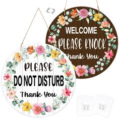 two wooden signs with flowers on them and the words please don't disturb thank you