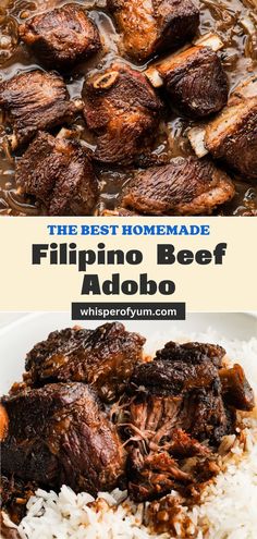 Filibino beef adobo on a plate with rice. Beef Adobo, Tender Beef Short Ribs, Whisper Of Yum, Short Ribs Braised, Filipino Adobo, Beef Ribs Recipe, Beef Short Rib Recipes, Adobo Recipe