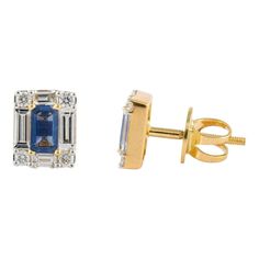 This is part of Chairish’s Fine Jewelry assortment.  Dainty Diamond Sapphire Stud Earrings in 18K Gold to make a statement with your look. You shall need small stud earrings to make a statement with your look. These earrings create a sparkling, luxurious look featuring baguette cut sapphire. Sapphire stimulate concentration and reduces stress. Featuring 0.69 carats of baguette sapphire with diamonds of 0.7 carats around studded in 18K Gold, this beautiful pushback stud earrings is a great annive Yellow Gold Baguette Diamond Earrings Fine Jewelry, Yellow Gold Baguette Diamonds Fine Jewelry Earrings, Yellow Gold Baguette Diamond Fine Earrings, Luxury Yellow Gold Baguette Cut Earrings, Yellow Gold Gemstone Baguette Cut Earrings, Baguette Gemstone, Sapphire Stud Earrings, Pink Stud Earrings, Small Stud Earrings