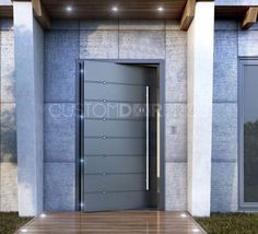 an entrance to a building with a lit up door and wood flooring on the outside