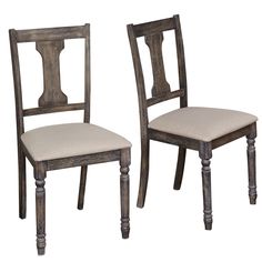 two wooden chairs side by side with beige upholstered seat cushions on each chair