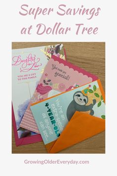 some cards and envelopes with the words super savings at dollar tree