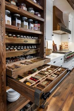 an open drawer in the middle of a kitchen with lots of drawers and shelves filled with food