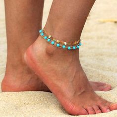 Gold Beaded Bracelets For Beach Season, Gold Bohemian Strand Beaded Bracelets, Gold Strand Anklets For Vacation, Adjustable Gold Strand Anklets, Gold Beaded Strand Anklets, Turquoise Strand Anklets For Festival, Adjustable Gold Anklets For Beach Season, Gold Bohemian Beaded Bracelets For Summer, Bohemian Gold Beaded Bracelets For Summer