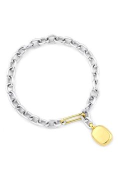 A polished 18-karat-gold link and pendant give warm contrast to this sterling silver bracelet. Clasp closure Sterling silver/18k gold Made in Turkey Bracelet In Silver, Gold Link, Unisex Jewelry, Sterling Silver Bracelet, Pendant Bracelet, Sterling Silver Bracelets, Silver Gold, Size 16, Silver Bracelet