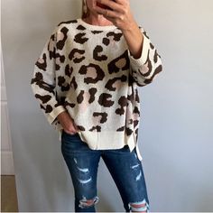 Animal Print Dolman Sleeve Oversized Fit Sweater. A Fall Favorite! Super Cute And Fun To Wear. Brown, Pink, Cream. Long Sleeves. Oversized Fit. 100% Acrylic. I Am Modeling Size S. Fit Is True To Size. New Boutique Item. Animal Print Oversized Casual Business Casual Comfy Boho Gift American Eagle Sweaters, Business Casual Comfy, Navy Blue Crewneck, Batwing Sweater, Velvet Sweater, Textured Knit Sweater, Layered Sweater, Oversize Casual, Graphic Sweaters