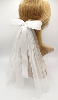 "Pure white color hair bow Satin and tulle fabric long tail white satin hair bow on tulle fabric layer for wedding, cosplay, and event length of hair bow: 9.05\"=23 cm the whole length of tulle fabric: 15.74\"=40 cm alligator clip on --------------------------------- if your address is other than U.S. and gets automatic free shipping, please click below and buy a shipping listing. U.K., Canada, Australia, and other country customers need to buy the below shipping listing. Free shipping is only e White Color Hair, Hair Bow Wedding, White Hair Bow, White Hair Bows, Bow Hairband, Bow Wedding, Veil Wedding, Satin Tulle, Wedding Bows