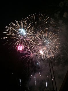 fireworks are lit up in the night sky