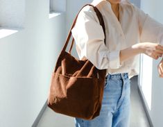 "Double Pocket Corduroy Tote Bag 👉 F E A T U R E S - Soft corduroy fabric  - Multi pockets  - 13\" laptop fit in  - Magnetic closure - Handmade in Korea  [Large Capacity]: big enough to carry a 13\" laptop and an A4 ring binder  [Multi compartments]: TWO exterior pockets and ONE inner pocket help organize your essentials effectively. [Material]: Feel the difference. Soft corduroy fabric is used. No smell of bad chemicals.  📏 D I M E N S I O N S Length: 13.3\" (34cm) Height: 14.5\" (37cm) Depth Newspaper Bags, Tote Bag Outfit, Corduroy Bag, Corduroy Tote Bag, Purple Tote Bag, Sixth Form, Canvas Rucksack, Large Leather Tote Bag, Bag Dark