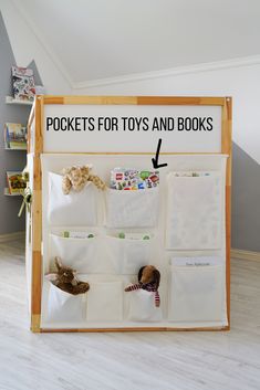 a toy and books display in a child's room with the words pockets for toys and books above it