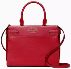 Kate Spade Staci Medium Satchel Color Code: red currant (600) New with Tags; Authenticity Guaranteed! WKRU6951 / Retail $399 we love how classic and feminine a satchel is. you'll love how much space we've added to ours. choosing which color to buy should be your hardest decision--not what to leave behind. Note: Saffiano leather bags may have handle-shaped indentations on the sides. This is not a defect. The indentations will fade away after some use. DETAILS 8.62"h x 10.87"w x 5"d handle drop: 5" drop: 22" saffiano leather 2 way spade jacquard lining metal pinmount logo satchel with drop in top zip closure 2 interior slip pockets dust bag not included imported style # wkru6951 v.11 BUY WITH CONFIDENCE: · Everything we sell is BRAND NEW & AUTHENTIC and purchased at CalvinKlein.com, Calvin K