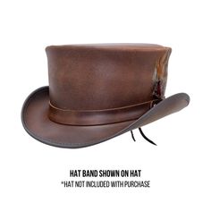 Description - Width 22" - Cowhide Leather This hatband is a simplistic masterpiece. Featuring a strip of high quality leather topped off with a feather on the side, this hatband emulates roguish attitude. **Please note this is the hatband only** Adjustable Brown Top Hat For Kentucky Derby, Vintage Adjustable Leather Hat Bands, Adjustable Leather Vintage Hat Bands, Adjustable Vintage Leather Hat Bands, Adjustable Top Hat For Kentucky Derby, Kentucky Derby Leather Hats With Short Brim, Fitted Leather Fedora Hat Bands, Kentucky Derby Adjustable Leather Hat Bands, Adjustable Leather Hat Bands For Kentucky Derby