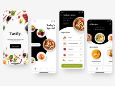 three mobile screens showing different food items and the text tastyy on each screen