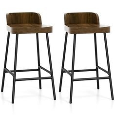 two wooden barstools with black metal legs and backrests on white background