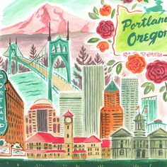 Portland skyline framed art with St. John's Bridge, downtown, and famous Portland signs; trendy illustration by Angela Staehling Portland Illustration, Portland Poster, Portland Aesthetic, Portland Map, Portland Skyline, Downtown Portland Oregon, Improv Quilt, Arty Ideas, Portland Art