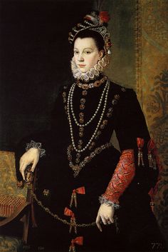 a painting of a woman in black dress and pearls on her head, holding a cane