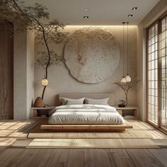 a bedroom with wooden floors and a large round painting on the wall above the bed