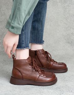 Front Lace Up Comfortable Ankle Retro Boots — Obiono Fall Martin Boots With Rubber Sole And Round Toe, Fall Lace-up Boots With Round Toe, Fall Lace-up Boots With Medium Width And Round Toe, Brown Round Toe Boots For Spring, Ankle-high Lace-up Boots With Stitched Sole For Fall, Casual Lace-up Booties For Fall, Casual Lace-up Fall Booties, Fall Ankle-high Lace-up Boots With Stitched Sole, Casual Martin Boots With Round Toe