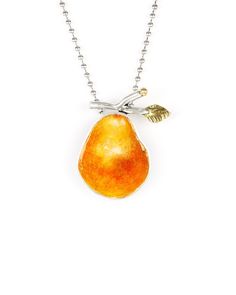 Seasonal Fruit Pendant Elegant Hand-painted Gold Necklaces, Elegant Hand Painted Gold Necklaces, Hand Painted Yellow Gold Jewelry Gift, Hand Painted Yellow Gold Jewelry For Gifts, Hand Painted Yellow Gold Jewelry As Gift, Hand Painted Yellow Gold Jewelry As A Gift, Sterling Silver Pendant Necklace In Orange, Pear-shaped White Gold Sterling Silver Necklace, Yellow Gold Necklace With Silver Clasp For Gift