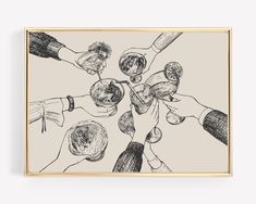 a black and white drawing of people holding wine glasses in the middle of a circle