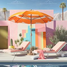 two lounge chairs and an umbrella next to a pool