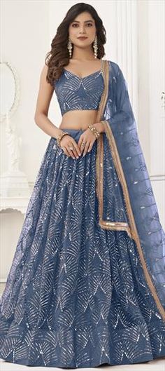 Blue color Lehenga in Net fabric with Embroidered, Sequence, Thread work Blue Sharara With Self Design For Reception, Blue Self-design Choli For Wedding, Blue Self-design Sharara For Reception, Blue Cutdana Embroidered Fabric For Wedding, Blue Embroidered Cutdana Fabric For Wedding, Blue Self-design Choli For Reception, Blue Embroidered Fabric For Reception, Blue Wedding Sets With Unique Design, Blue Embroidered Fabric With Pallu For Wedding