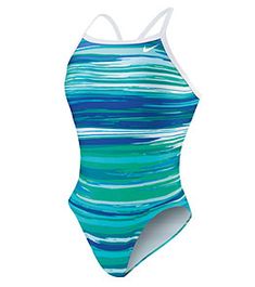 a women's one piece swimsuit with blue and green stripes