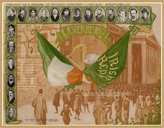 the irish flag is on top of an old bank note with other people around it