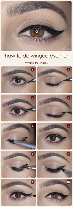 How to Do Winged Eyeliner | Divine Caroline. Oh, that's how. How To Do Winged Eyeliner, Make Up Mata, Teknik Makeup, Tutorial Eyeliner, Eyeliner Hacks, Winged Eyeliner Tutorial, Mekap Mata, Apply Eyeshadow