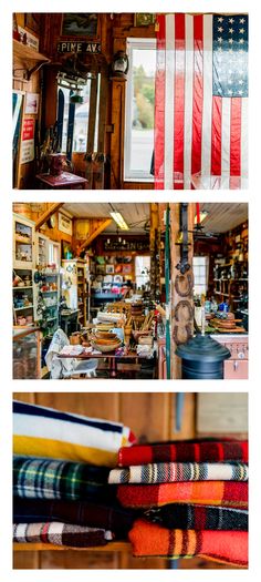 three different pictures of the inside of a store with flags hanging from it's ceiling