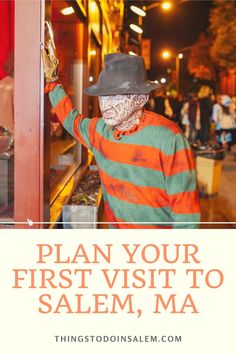 a man in an orange and green striped shirt with the words plan your first visit to salem, ma