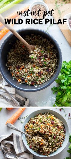 two pictures showing the ingredients for wild rice pilaf with carrots, celery and parsley