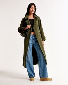 Our new on-trend trench coat in our soft wool-blend fabric with an easy, relaxed-fit silhouette. This long-length cozy coat features classic trench details with double-breasted button closure and tie-front belt. Green Wool Coat, How To Stretch Shoes, Cozy Coats, Winter Trench Coat, Women Ties, Wool Trench Coat, Green Coat, Trench Coats Women, Women's Coats & Jackets