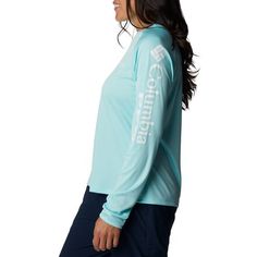 Built for long days on the river, the Columbia Women's Tidal II Shirt is big-fish-wrangling ready with its UPF 50 sun protection and quick-drying construction while the raglan sleeves and regular fit are contoured for maximum comfort. Long Sleeve Rash Guard With Upf 50+ For Spring, Long Sleeve Tops For Summer Water Sports, Long Sleeve Tops For Water Sports In Summer, Long Sleeve Moisture-wicking Rash Guard For Summer, Summer Long Sleeve Moisture-wicking Rash Guard, Moisture-wicking Long Sleeve Rash Guard For Summer, Casual Rash Guard With Upf 50+ For Outdoor Activities, Casual Long Sleeve Blue Rash Guard, Casual Long Sleeve Rash Guard With Upf 50+