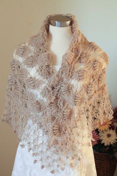 Bridal Bolero, Winter Wedding Shawl, Gray Shawl, Crochet Shawl, Bridal Cover up, Bridal Wrap, Bridal Shrug, Bridal Shawl, Evening Shawl Crochet custom shawls for your wedding and many occasion Color shown on the picture # 15 MOCHA and #17 Taupe Shape, triangular Made to order Please allow me 2 to 5 days to make it. it depends on my work load. Are you in a hurry, please contact with me, if i am able to speed up your order, i can send it next day. Measurement height---- 30 inch,76 cm width ---- 68 Elegant Crochet Shawl For Wedding, Crochet Lace Shawl For Wedding, Elegant Handmade Shawl For Wedding, Elegant Handmade Scarves For Weddings, Bohemian Beige Shawl For Wedding, Beige Bohemian Shawl For Wedding, Elegant Handmade Shawl Wrap, Cream Bohemian Scarf For Wedding, Elegant Handmade Wedding Dupatta